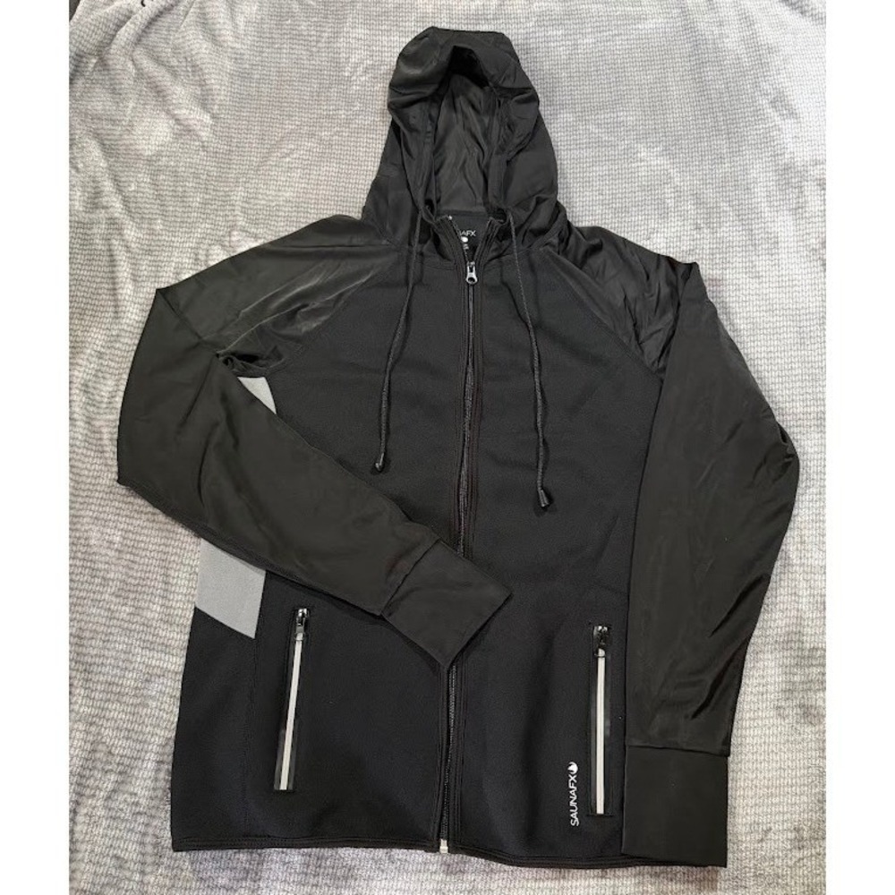 SaunaFX Mens Large Black Full Zip Sauna Jacket Hooded Workout Sweat Suit Coat